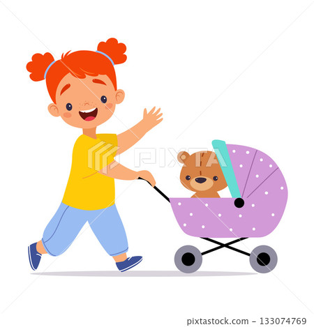 Girl Character Play Toy Push Baby Carriage with Teddy Bear Vector Illustration Girl Character Play Toy Push Baby Carriage with Teddy Bear Vector Illustration 133074769