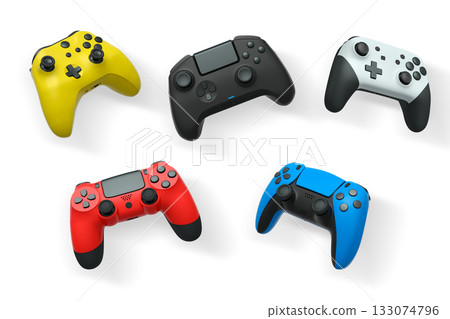 Wireless gaming controllers flying in air isolated on white background, symbolizing gaming technology concept Wireless gaming controllers flying in air isolated on white background, symbolizing gaming technology concept 133074796