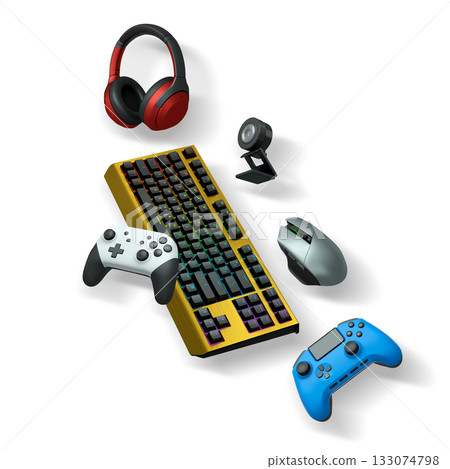 Gaming gear collection including RGB keyboard, controllers, webcam, headphones, and mouse on white background with clipping path 133074798