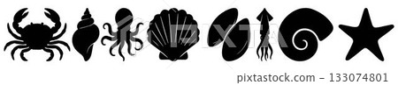 A collection of black silhouette icons depicting marine life and shells: octopuses, squid, crabs, scallops, conch, starfish, clams, and mussels. Marine animal shapes. Underwater world. Biodiversity. 133074801