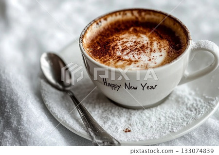 Cup of cappuccino with milk on table, warm morning drink, cozy coffee break background 133074839