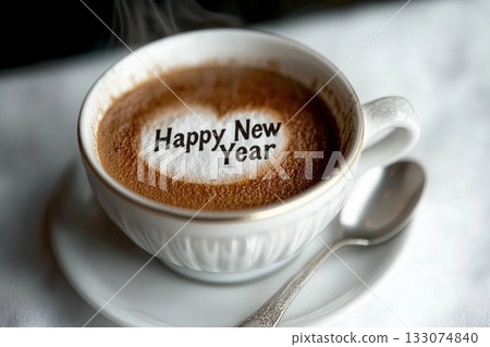 Happy New Year text on cup of cappuccino coffee, festive holiday drink, cozy winter celebration background 133074840