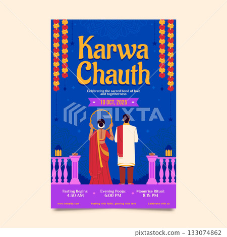 Vertical poster layout with large title floral strings and moon flat style Vertical poster layout with large title floral strings and moon flat style 133074862