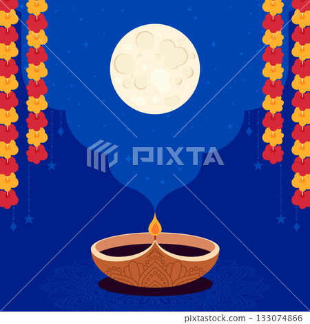 Full moon with oil lamp and garlands on blue festive background flat style 133074866