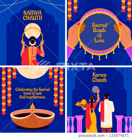 Two by two grid of festival scenes moon tray couple flat style collection Two by two grid of festival scenes moon tray couple flat style collection 133074871