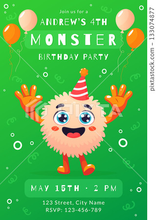Monster Kids Birthday Party Vertical Invitation Green. Monster Kids Birthday Party Vertical Invitation Green. 133074877