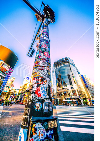 Tokyo cityscape in Japan. Intersections bathed in the morning sun and stickers on traffic lights. There are few tourists at this time. 133074953