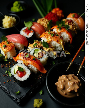 japanese sushi rolls on black slate plate japanese sushi rolls on black slate plate 133075142