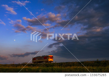 A local train running in the setting sun 133075265