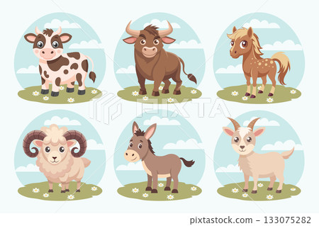 Cute collection of farm animals. A cow, a bull, a goat, a lamb, a donkey and a horse. Set of cute farm animals. 133075282