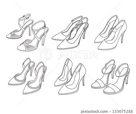 Set of womens shoes. Collection of elegant high heels shoes. Sketch. 133075288