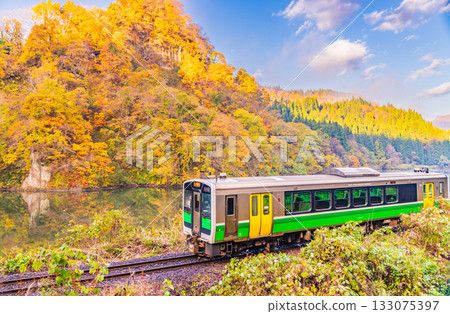The Tadami Line runs along the Tadami River, which is covered in autumn leaves 133075397