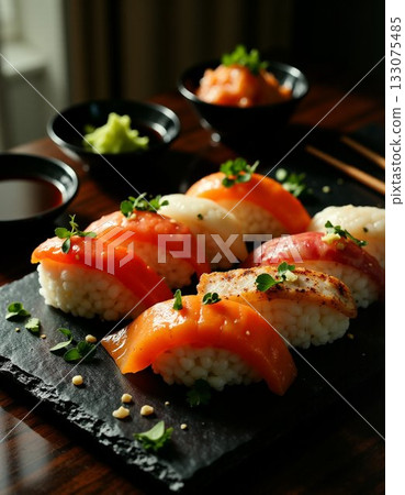 japanese sushi rolls on a black plate japanese sushi rolls on a black plate 133075485