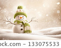 Snowman with hat and scarf on snow with bokeh background, festive winter scene, Christmas and New Year character 133075533