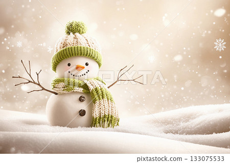 Snowman with hat and scarf on snow with bokeh background, festive winter scene, Christmas and New Year character 133075533