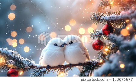 Close-up of a cute pair of long-tailed tits perched on a Christmas tree branch 133075677