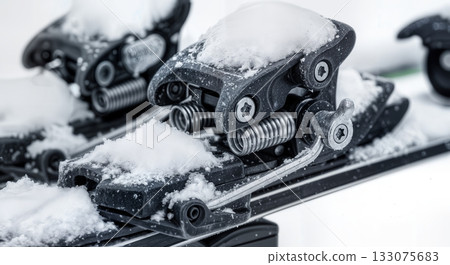 Macro of ski binding mechanism packed with fresh snow showing springs and metal components technical winter gear Macro of ski binding mechanism packed with fresh snow showing springs and metal components technical winter gear 133075683