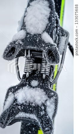 Macro of ski binding mechanism packed with fresh snow showing springs and metal components technical winter gear Macro of ski binding mechanism packed with fresh snow showing springs and metal components technical winter gear 133075688