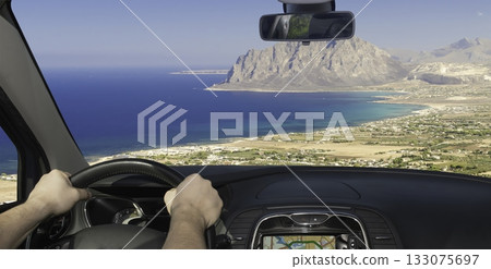 Panoramic View of Mount Cofano and Sicilian Coast from Car 133075697