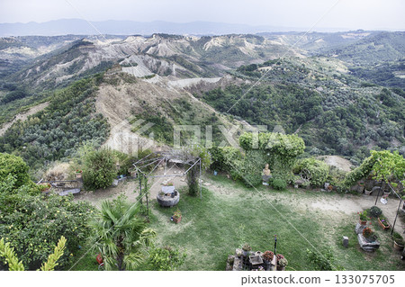 Panoramic View of Calanchi Badlands near Civita di Bagnoregio, Italy 133075705