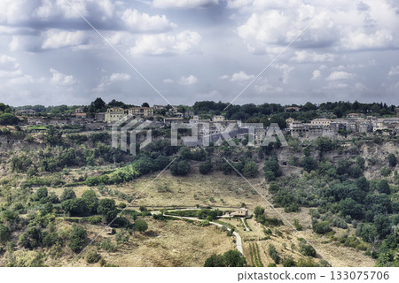 Panoramic view of Bagnoregio, Italy, nestled on a dramatic cliff 133075706