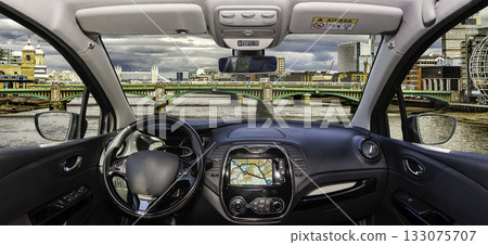 London cityscape from car with Southwark Bridge and The Shard 133075707