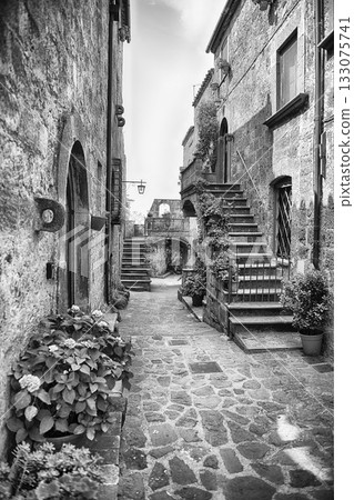 Picturesque Cobblestone Street in Ancient Civita di Bagnoregio, Italy 133075741