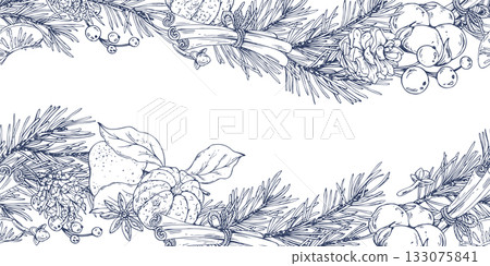 A seamless horizontal Christmas border pattern with pine branches and cones, spices, tangerines, cotton, and berries. A graphic line illustration, hand-drawn in ink. Border ornament for holiday decor. 133075841