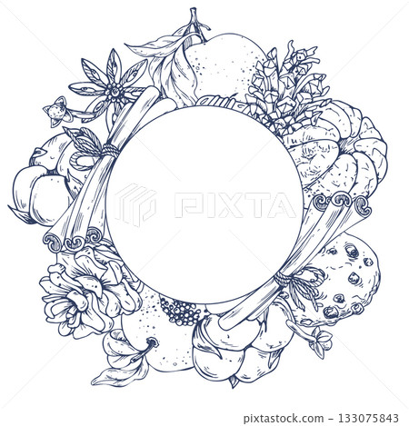 A Christmas wreath with pine branches, pine cones, tangerines, cotton candy, cookies, and berries. Graphic line art illustration hand-drawn with ink. Round template, frame for text and greetings. A Christmas wreath with pine branches, pine cones, tangerines, cotton candy, cookies, and berries. Graphic line art illustration hand-drawn with ink. Round template, frame for text and greetings. 133075843