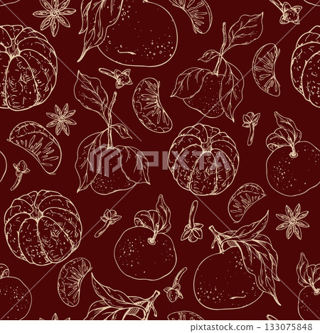 A hand-drawn line art seamless pattern with tangerines, cloves, and star anise on a red. Minimalist graphic illustration is perfect for Christmas packaging, mulled wine labels, festive textile design. A hand-drawn line art seamless pattern with tangerines, cloves, and star anise on a red. Minimalist graphic illustration is perfect for Christmas packaging, mulled wine labels, festive textile design. 133075848