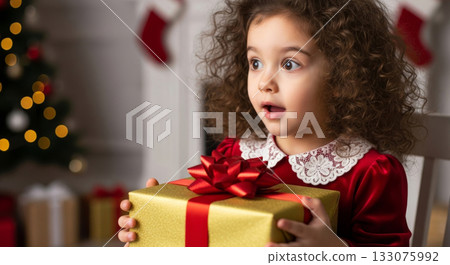 Little girl holding a golden Christmas gift, showing genuine surprise and joy on Christmas morning. 133075992