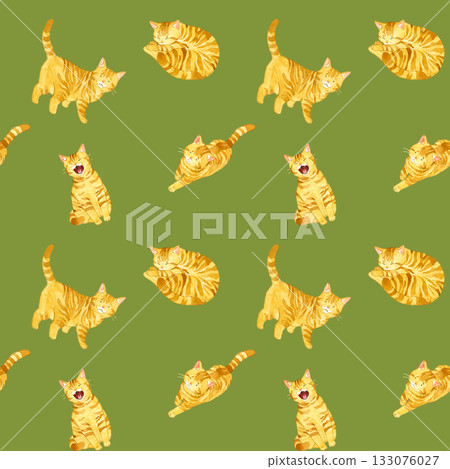 棕色虎斑貓各種姿勢的無縫圖案。手繪水彩插畫背景素材,適用於動物和寵物。 棕色虎斑貓各種姿勢的無縫圖案。手繪水彩插畫背景素材,適用於動物和寵物。 133076027