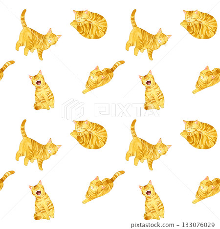 Seamless pattern of brown tabby cats in various poses. Hand-drawn watercolor illustration background material for animals and pets. 133076029