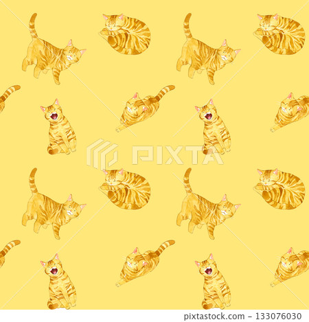 棕色虎斑貓各種姿勢的無縫圖案。手繪水彩插畫背景素材，適用於動物和寵物。 133076030