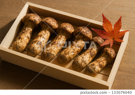 Matsutake mushrooms on a wooden plate Matsutake mushrooms on a wooden plate 133076040