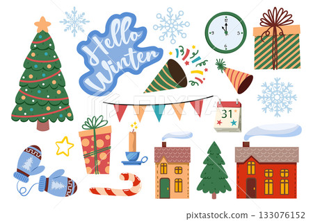 Set of Christmas clip art. Collection of New Year's icons featuring a Christmas tree, gifts, houses, and firecrackers. Cute festive illustrations. Winter holiday set. 133076152