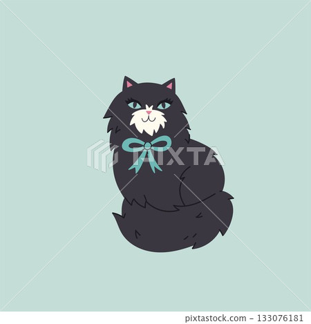 A cute black longhaired cat with a bow on its neck. Vector graphics. 133076181