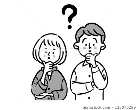 Illustration of a couple with doubts, upper body, vector (monochrome) 133076289