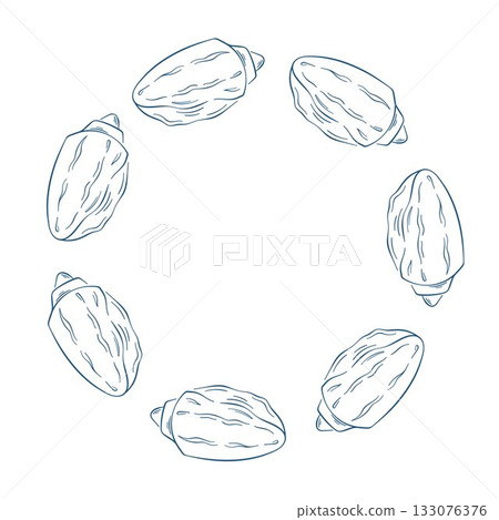 Wreath of purple seashell on a white background in line art style. Design with copy space in the center. 133076376