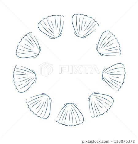 Scallop seashell wreath in line art style. Underwater design for seafood menu restaurant isolated on a white background. Scallop seashell wreath in line art style. Underwater design for seafood menu restaurant isolated on a white background. 133076378