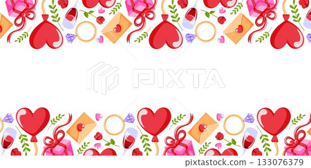 Romantic border frame with heart, rose, gift box, letter, wine glasses, ring and balloon on a white background. Design for Valentines Day card greeting design in flat style. 133076379