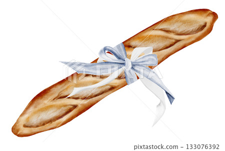 Loaf watercolor illustration. Hand-drawn long baguette with bow ribbon on a white background. Clip art of baked goods. Perfect for bakery banners and bakery labels. Loaf watercolor illustration. Hand-drawn long baguette with bow ribbon on a white background. Clip art of baked goods. Perfect for bakery banners and bakery labels. 133076392