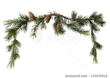 Lush spruce branch garland with natural pinecones, perfect for rustic winter and christmas decoration on mantel or window 133076416