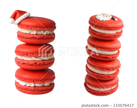 Festive red christmas macarons with santa hat and face decorations, perfect for holiday baking concepts, sweet treats, seasonal content 133076417