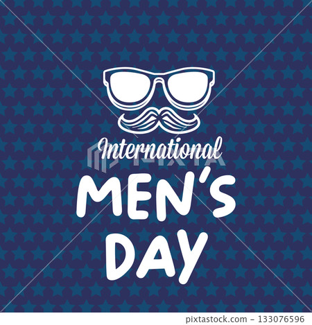 International Men's Day blue squre banner with mustache and sunglasses on blue abstract background. Happy mens day poster with face, banner and sticker. WORLD MALE DAY 133076596