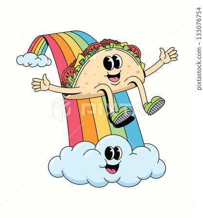 taco slide rainbow groovy cartoon illustration 133076754