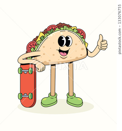 taco skateboard thumbs up groovy cartoon illustration 133076755