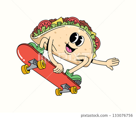 taco skateboard style character groovy cartoon illustration taco skateboard style character groovy cartoon illustration 133076756