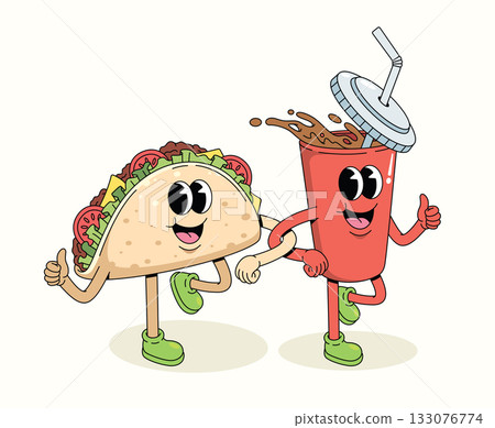 taco and soft drink character groovy cartoon illustration taco and soft drink character groovy cartoon illustration 133076774