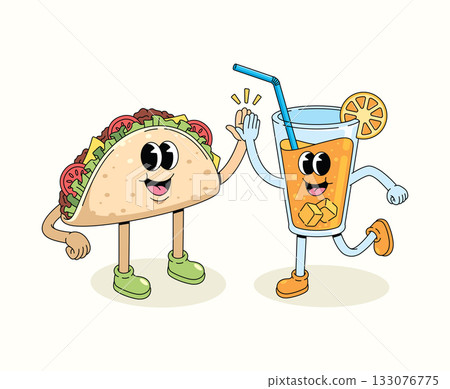 taco and orange high five character groovy cartoon illustration taco and orange high five character groovy cartoon illustration 133076775